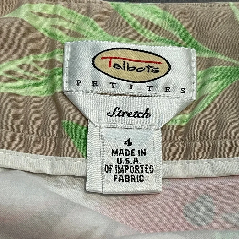 Talbots Petites Floral A-Line Skirt Tan Pink Green Cotton Stretch Size 4P USA